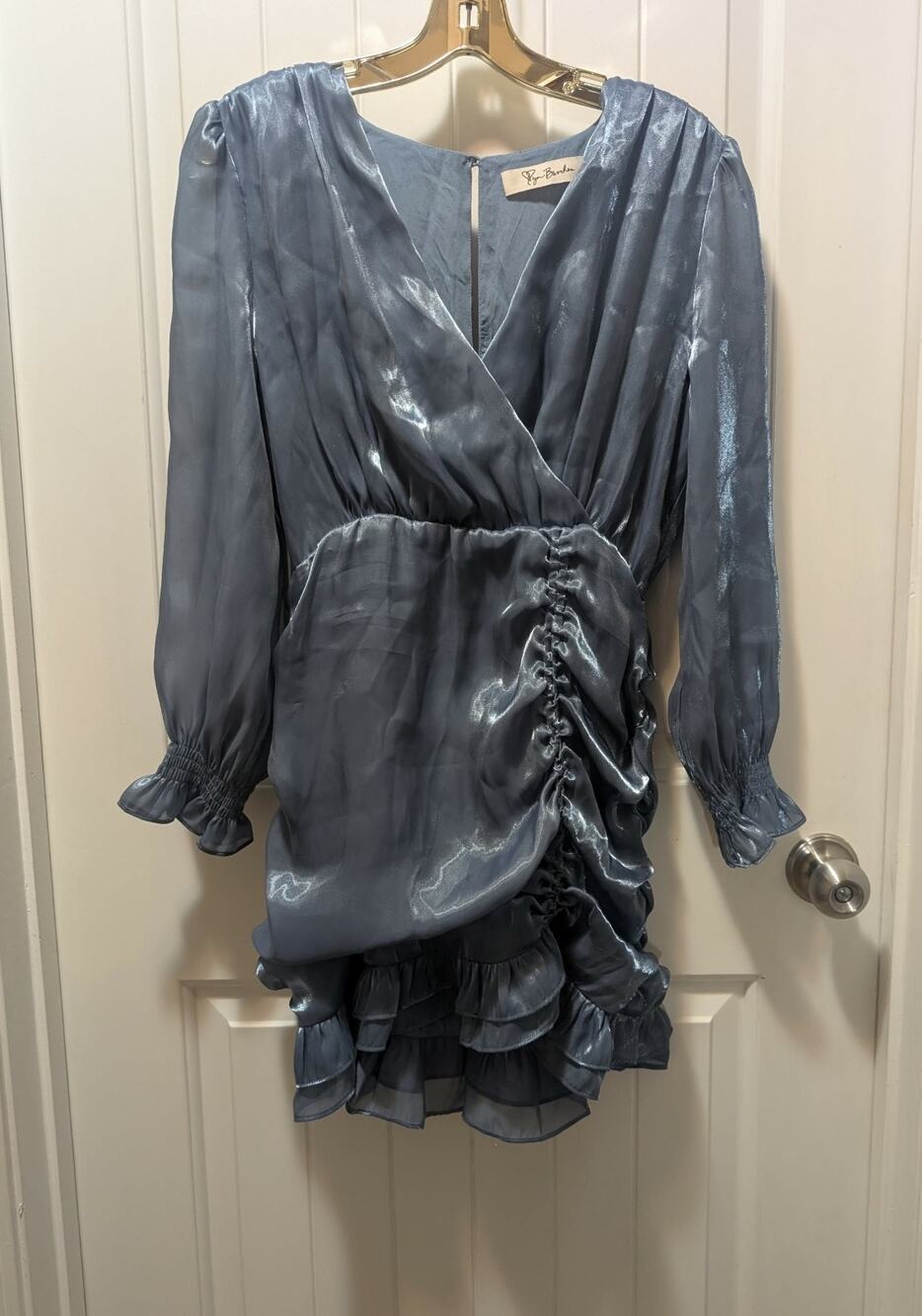 Day + Moon Blue Eyes on Me Dress Shimmer Wrap Long Sleeve V Neck Cocktail Size S